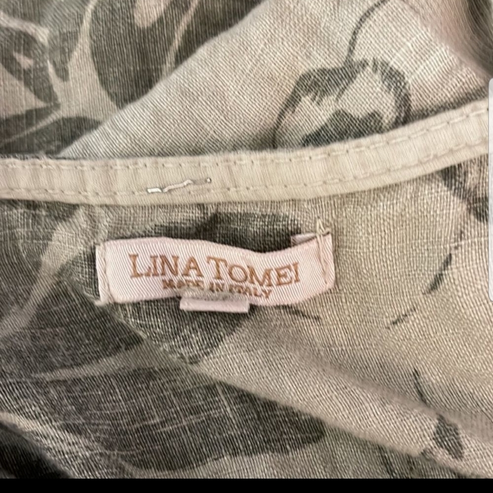 Lina Tomei Women's Size Medium floral green and khaki Linen dress with pockets - Picture 6 of 7